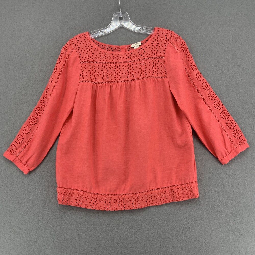 J Crew Linen Top Blouse Pink Lace 3/4 Sleeve Lightweight Womens XS